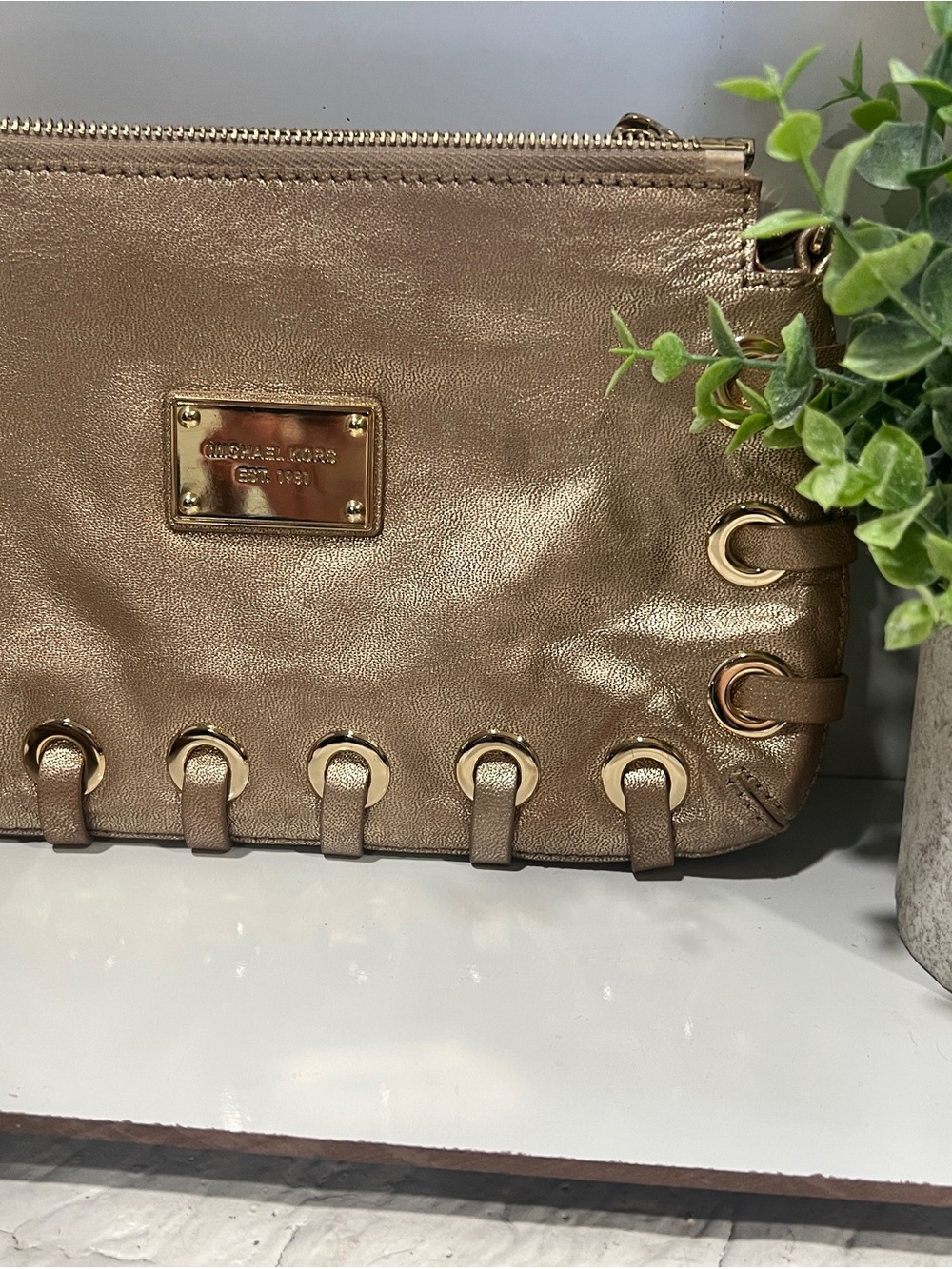 Michael Kors Metallic Gold Leather Wristlet Clutch with Eyelet Detail
